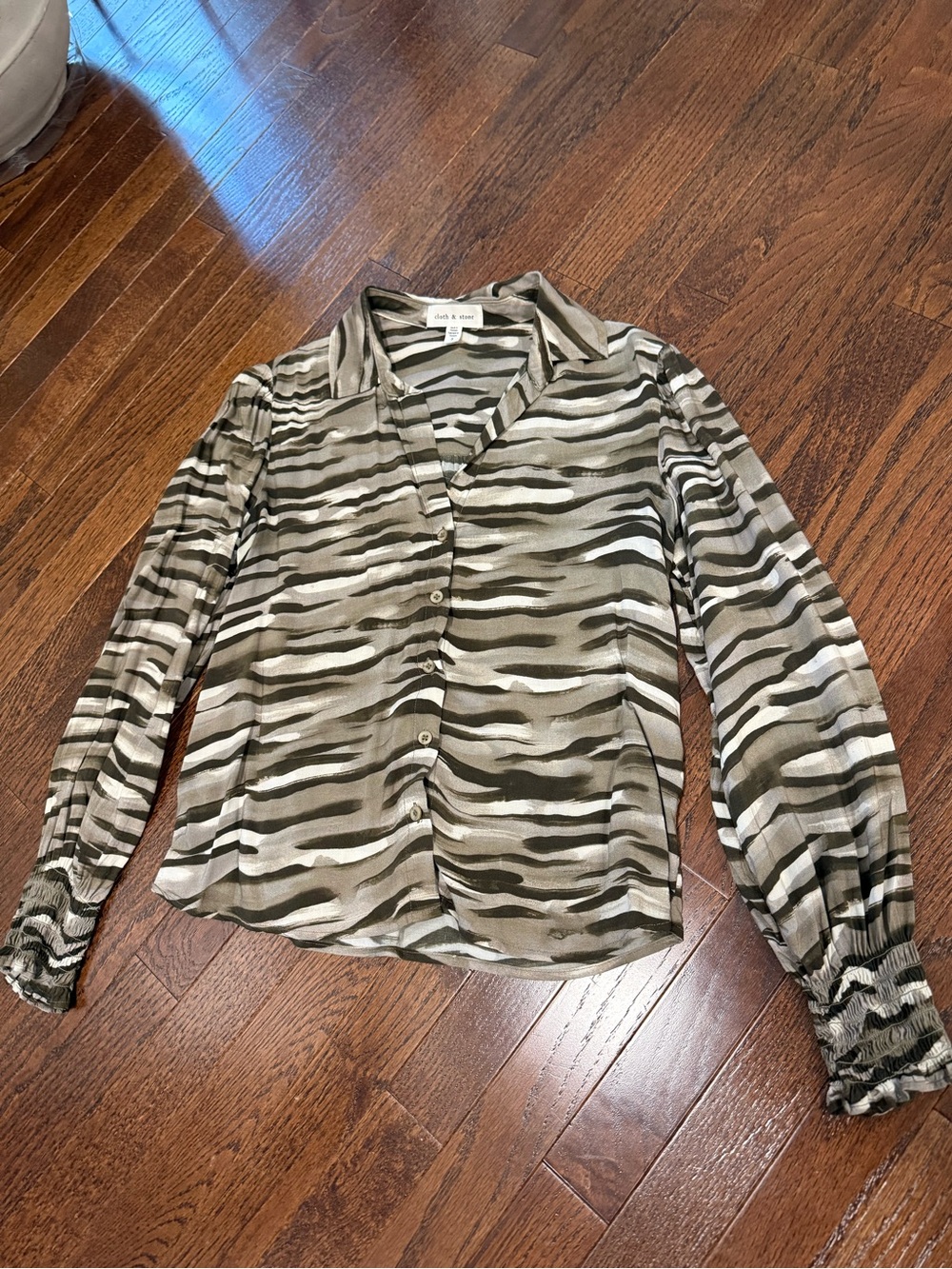 cloth & stone Anthropologie Olive and Cream Striped Button-Front Blouse